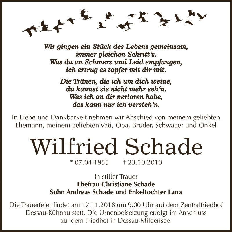  Traueranzeige für Wilfried Schade vom 03.11.2018 aus WVG - Wochenspiegel Dessau / Köthen