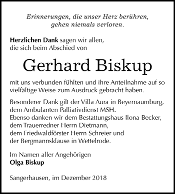 Traueranzeige von Gerhard Biskup von Mitteldeutsche Zeitung Sangerhausen
