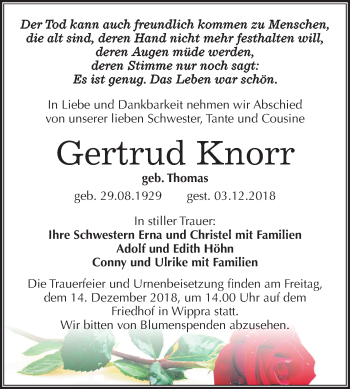Traueranzeige von Gertrud Knorr von Mitteldeutsche Zeitung