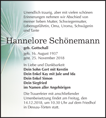 Traueranzeige von Hannelore Schönemann von Mitteldeutsche Zeitung Dessau-Roßlau