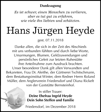 Traueranzeige von Hans Jürgen Heyde von Mitteldeutsche Zeitung Bitterfeld