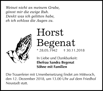 Traueranzeige von Horst Begenat von Mitteldeutsche Zeitung Halle/Saalkreis