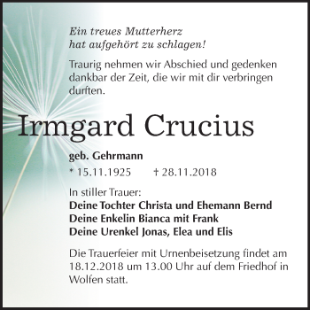 Traueranzeige von Irmgard Crucius von Mitteldeutsche Zeitung Bitterfeld