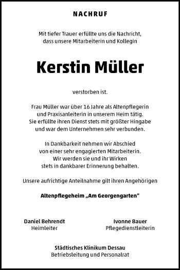 Traueranzeige von Kerstin Müller von Mitteldeutsche Zeitung Dessau-Roßlau