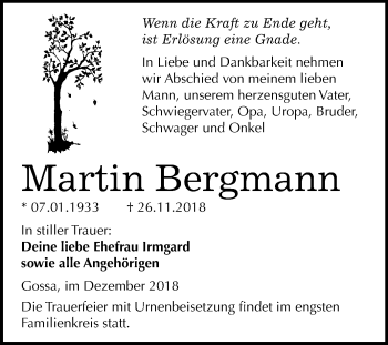 Traueranzeige von Martin Bergmann von Mitteldeutsche Zeitung Bitterfeld