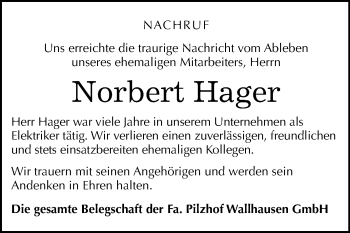 Traueranzeige von Norbert Hager von Mitteldeutsche Zeitung Sangerhausen
