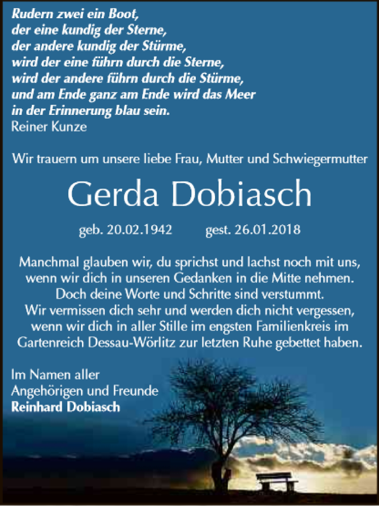  Traueranzeige für Gerda Dobiasch vom 14.02.2018 aus Mitteldeutsche Zeitung Dessau-Roßlau
