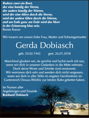 Traueranzeige von Gerda Dobiasch von Mitteldeutsche Zeitung Dessau-Roßlau