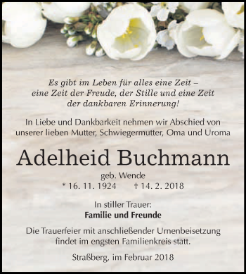 Traueranzeige von Adelheid Buchmann von WVG - Wochenspiegel Quedlinburg
