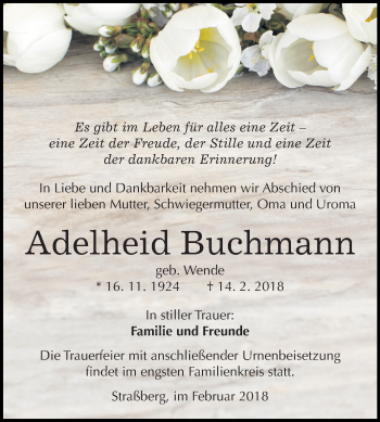 Traueranzeige von Adelheid Buchmann von Mitteldeutsche Zeitung