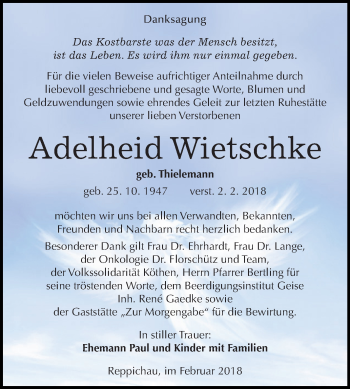 Traueranzeige von Adelheid Wietschke von WVG - Wochenspiegel Dessau / Köthen