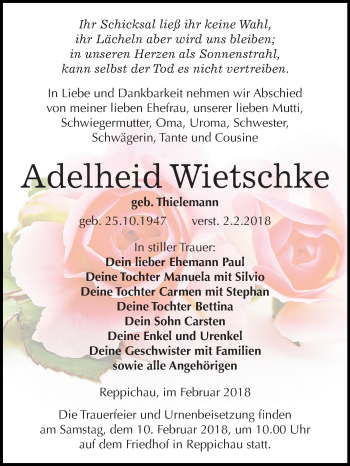 Traueranzeige von Adelheid Wietschke von Mitteldeutsche Zeitung Köthen