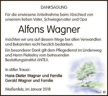 Traueranzeige von Alfons Wagner von WVG - Wochenspiegel NMB / WSF / ZTZ