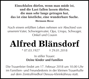 Traueranzeige von Alfred Blänsdorf von WVG - Wochenspiegel Dessau / Köthen
