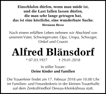 Traueranzeige von Alfred Blänsdorf von Mitteldeutsche Zeitung