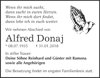 Traueranzeige von Alfred Donaj von WVG - Wochenspiegel Bitterfeld