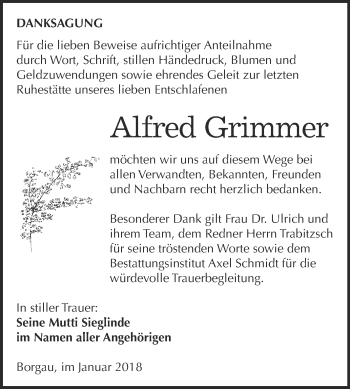 Traueranzeige von Alfred Grimmer von WVG - Wochenspiegel NMB / WSF / ZTZ