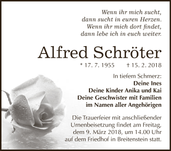 Traueranzeige von Alfred Schröter von Super Sonntag SGH Mansf. Land