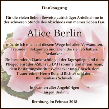 Traueranzeige von Alice Berlin von Super Sonntag Bernburg
