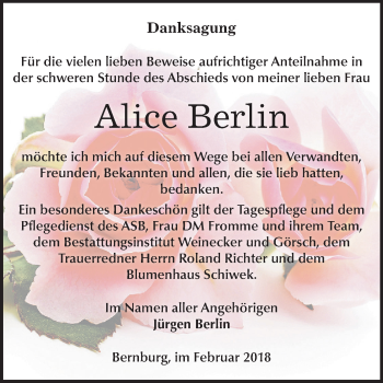 Traueranzeige von Alice Berlin von Mitteldeutsche Zeitung Bernburg