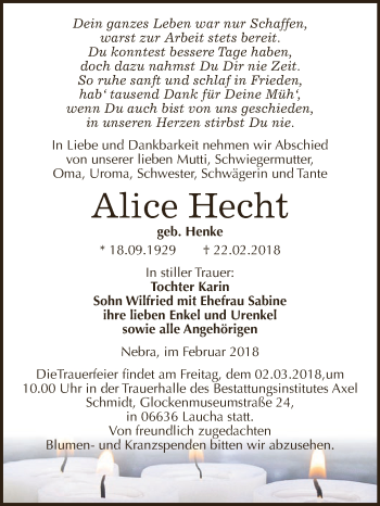 Traueranzeige von Alice Hecht von WVG - Wochenspiegel NMB / WSF / ZTZ