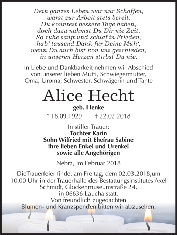 Traueranzeige von Alice Hecht von Mitteldeutsche Zeitung