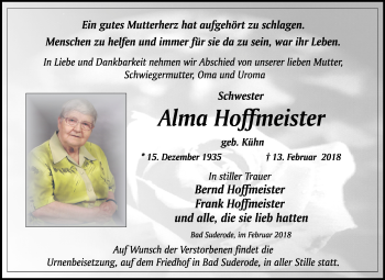 Traueranzeige von Alma Hoffmeister von Mitteldeutsche Zeitung Quedlinburg