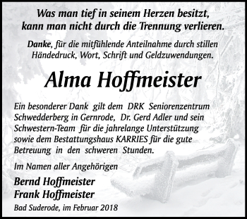 Traueranzeige von Alma Hoffmeister von Mitteldeutsche Zeitung Quedlinburg