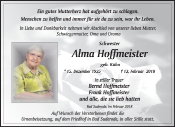 Traueranzeige von Alma Hoffmeister von WVG - Wochenspiegel Quedlinburg