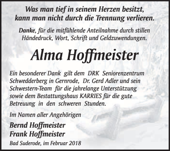 Traueranzeige von Alma Hoffmeister von WVG - Wochenspiegel Quedlinburg