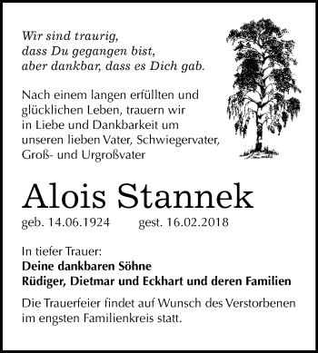 Traueranzeige von Alois Stannek von Mitteldeutsche Zeitung