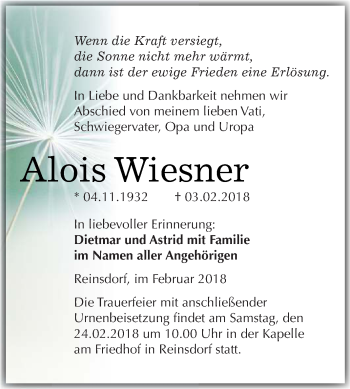 Traueranzeige von Alois Wiesner von WVG - Wochenspiegel Merseburg