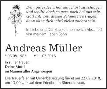 Traueranzeige von Andreas Müller von WVG - Wochenspiegel Bitterfeld