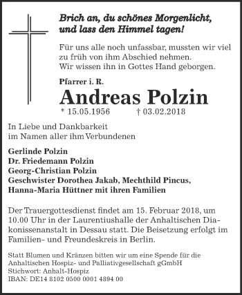 Traueranzeige von Andreas Polzin von WVG - Wochenspiegel Dessau / Köthen