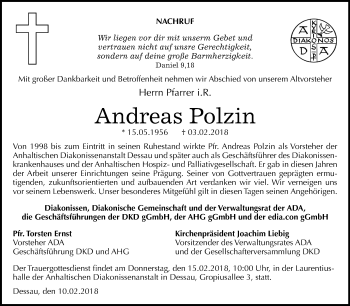 Traueranzeige von Andreas Polzin von Mitteldeutsche Zeitung Dessau-Roßlau