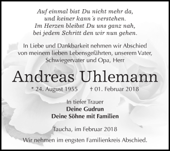 Traueranzeige von Andreas Uhlemann von WVG - Wochenspiegel NMB / WSF / ZTZ