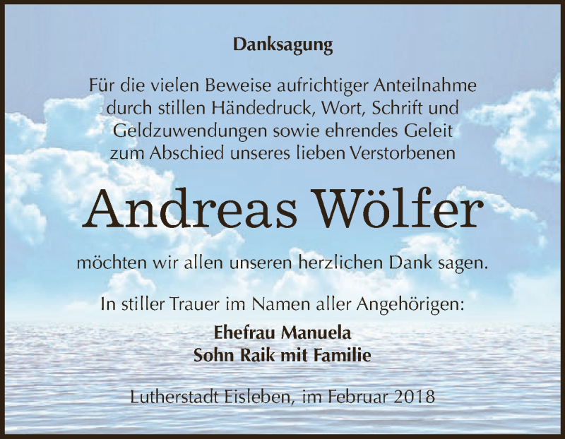  Traueranzeige für Andreas Wölfer vom 24.02.2018 aus Super Sonntag SGH Mansf. Land