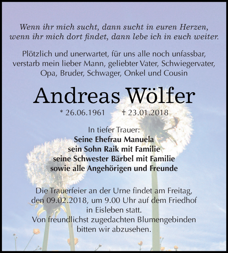  Traueranzeige für Andreas Wölfer vom 03.02.2018 aus Super Sonntag SGH Mansf. Land