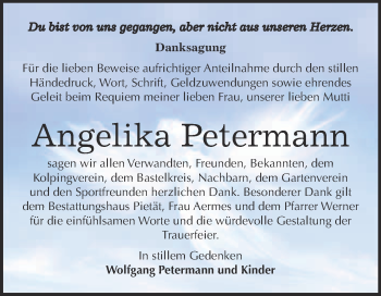 Traueranzeige von Angelika Petermann von WVG - Wochenspiegel Bitterfeld