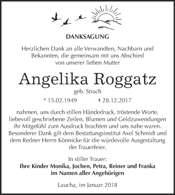Traueranzeige von Angelika Roggatz von WVG - Wochenspiegel NMB / WSF / ZTZ