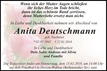 Traueranzeige von Anita Deutschmann von Mitteldeutsche Zeitung Dessau-Roßlau