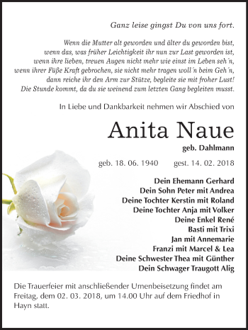 Traueranzeige von Anita Naue von Mitteldeutsche Zeitung Sangerhausen