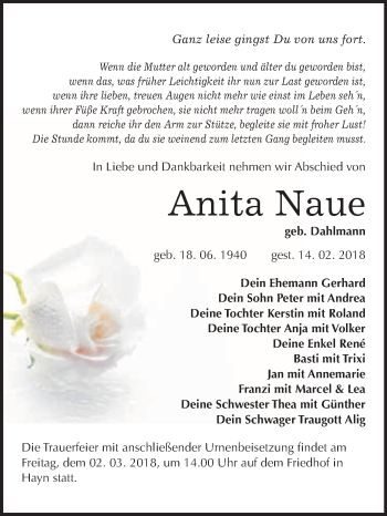 Traueranzeige von Anita Naue von WVG - Wochenspiegel Quedlinburg