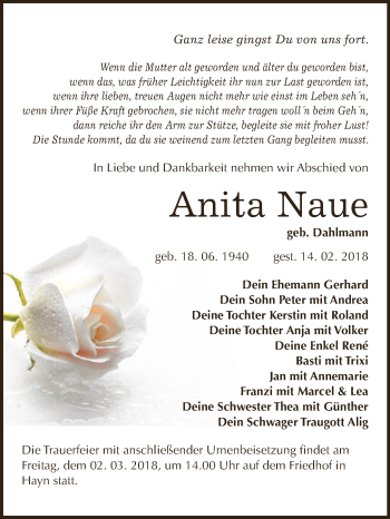 Traueranzeige von Anita Naue von Super Sonntag SGH Mansf. Land
