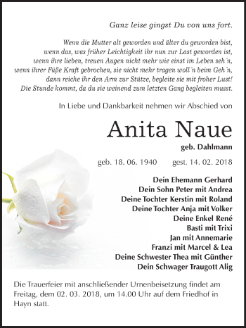 Traueranzeige von Anita Naue von Mitteldeutsche Zeitung Quedlinburg