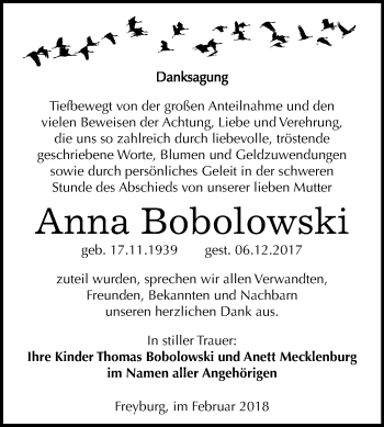 Traueranzeige von Anna Bobolowski von Mitteldeutsche Zeitung
