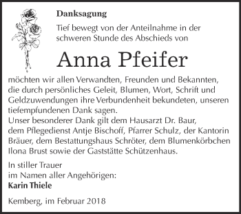 Traueranzeige von Anna Pfeifer von WVG - Wochenspiegel Bitterfeld