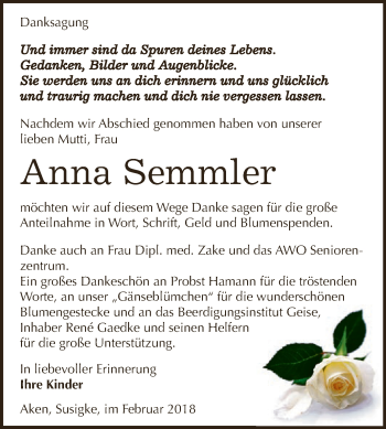 Traueranzeige von Anna Semmler von WVG - Wochenspiegel Dessau / Köthen