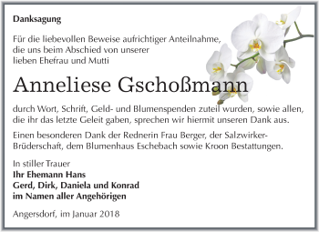 Traueranzeige von Anneliese Gschoßmann von Mitteldeutsche Zeitung Halle/Saalkreis