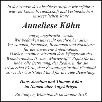 Traueranzeige von Anneliese Kühn von Super Sonntag SGH Mansf. Land